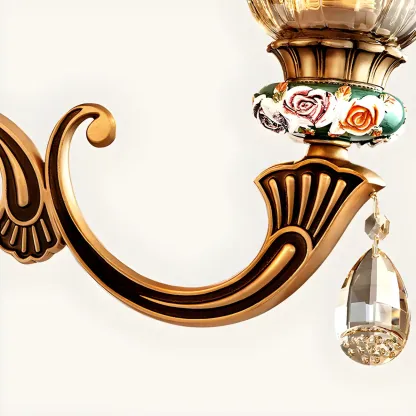 Luxurious Vintage Brass Floral Glass Crystal Chandelier Image - 15