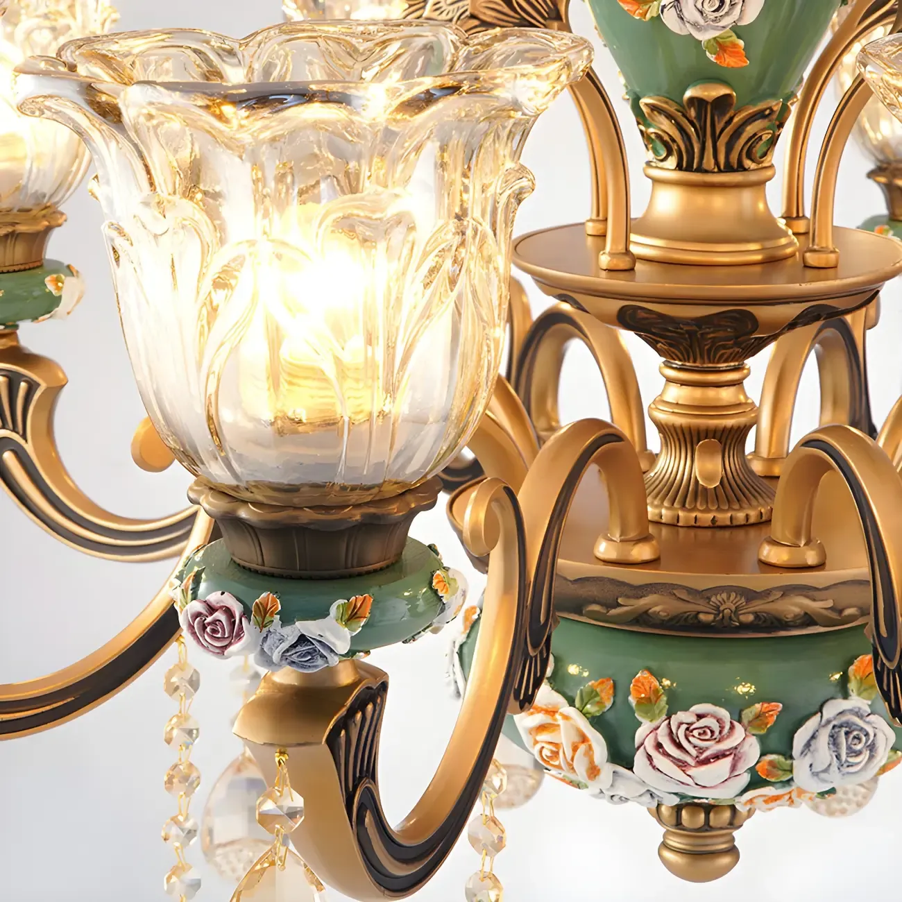 Luxurious Vintage Brass Floral Glass Crystal Chandelier Image - 9