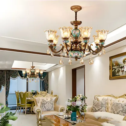 Luxurious Vintage Brass Floral Glass Crystal Chandelier Image - 5