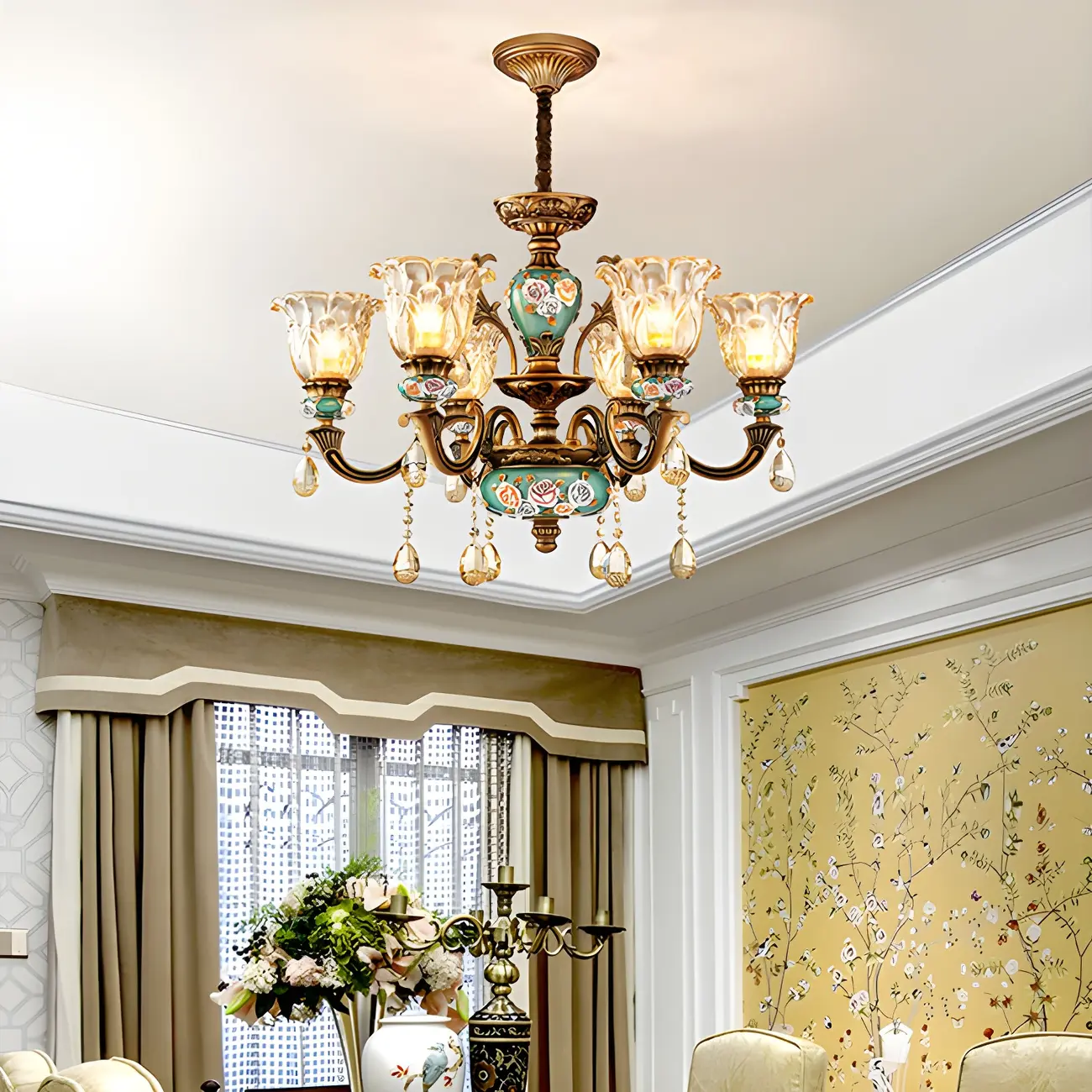 Luxurious Vintage Brass Floral Glass Crystal Chandelier Image - 4 | homeyfad
