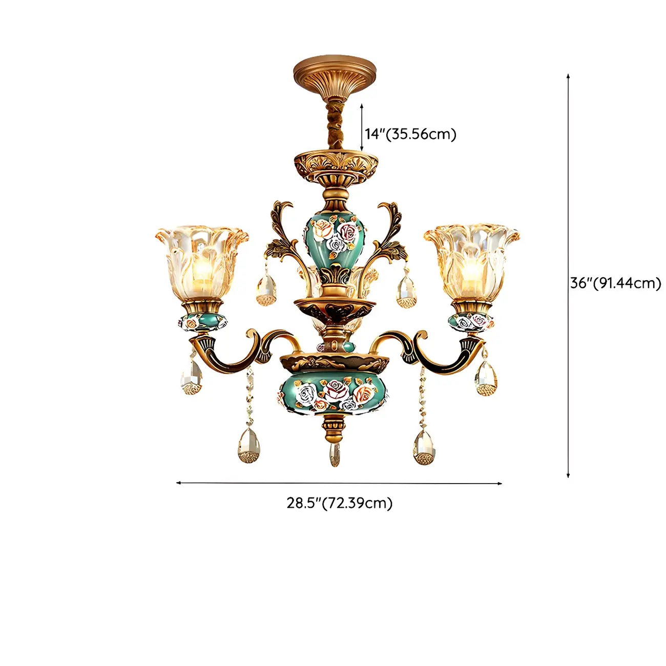 Luxurious Vintage Brass Floral Glass Crystal Chandelier #size