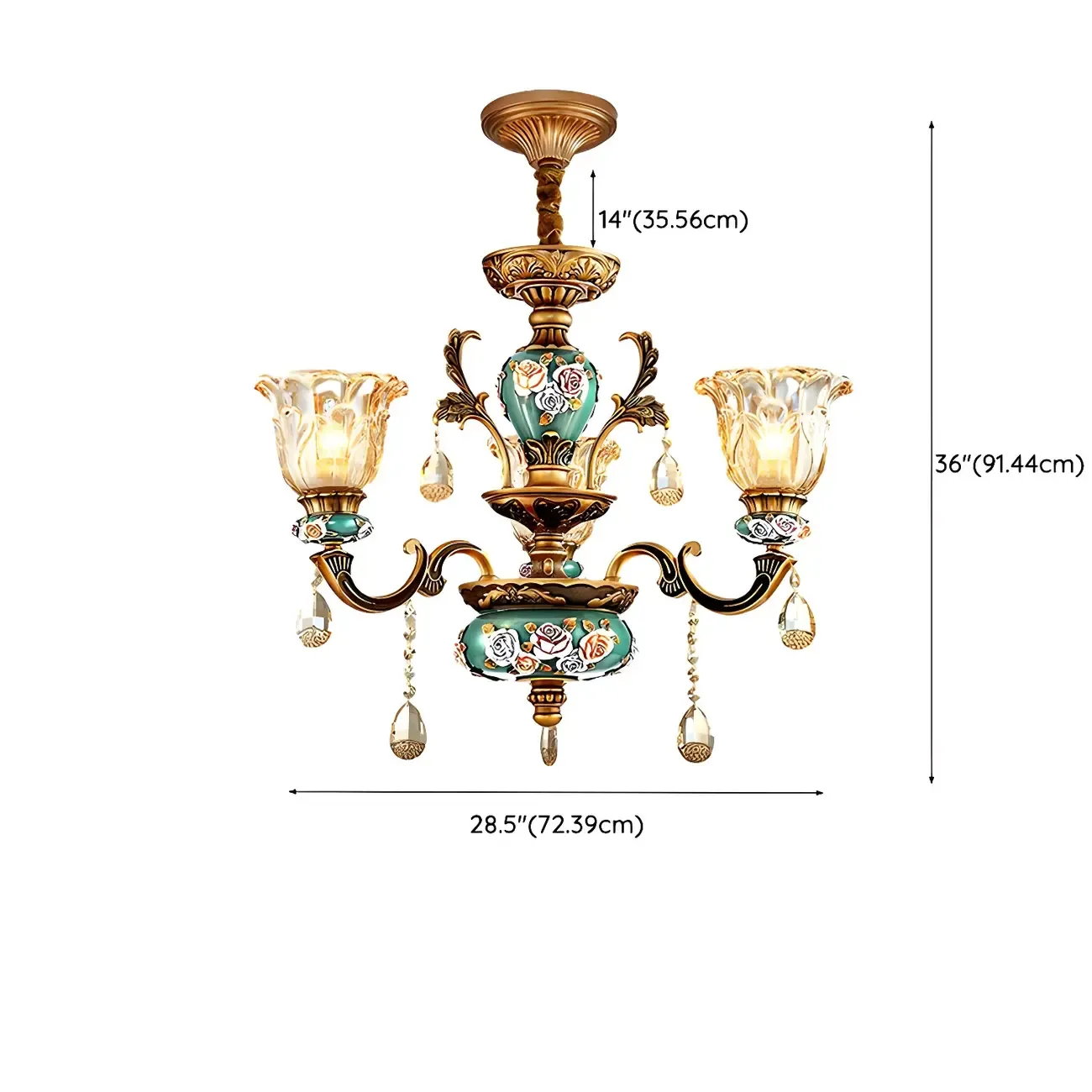 Luxurious Vintage Brass Floral Glass Crystal Chandelier #size