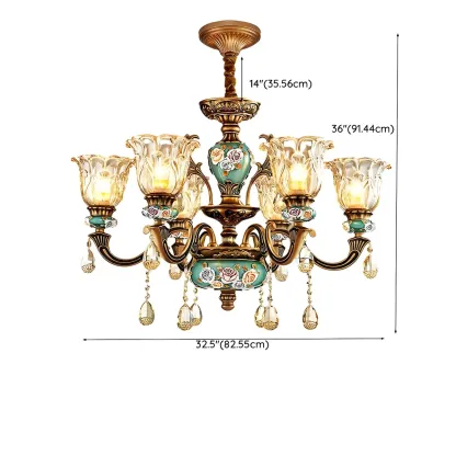 Luxurious Vintage Brass Floral Glass Crystal Chandelier Image - 17
