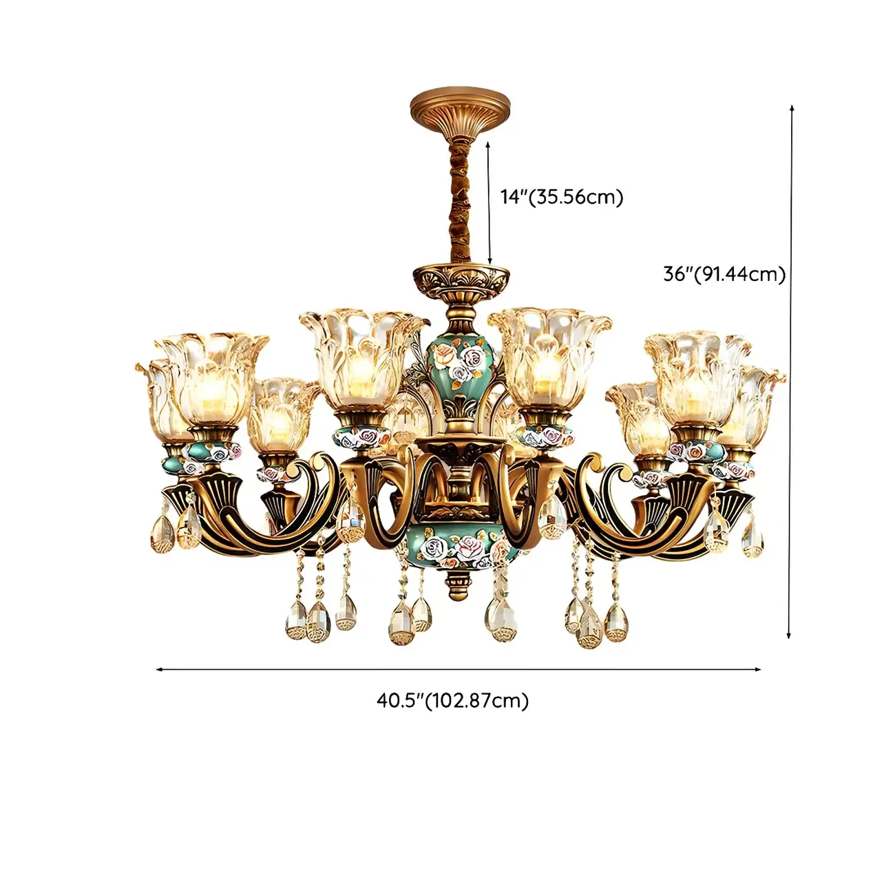 Luxurious Vintage Brass Floral Glass Crystal Chandelier Image - 19