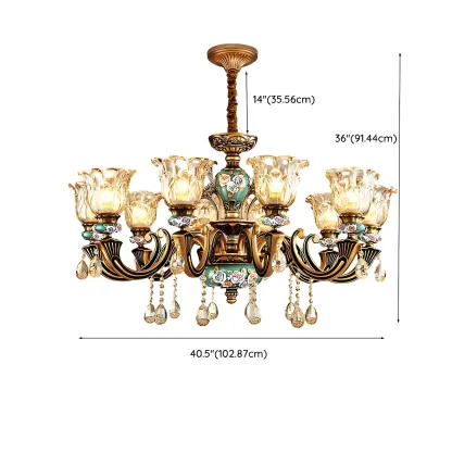 Luxurious Vintage Brass Floral Glass Crystal Chandelier Image - 19