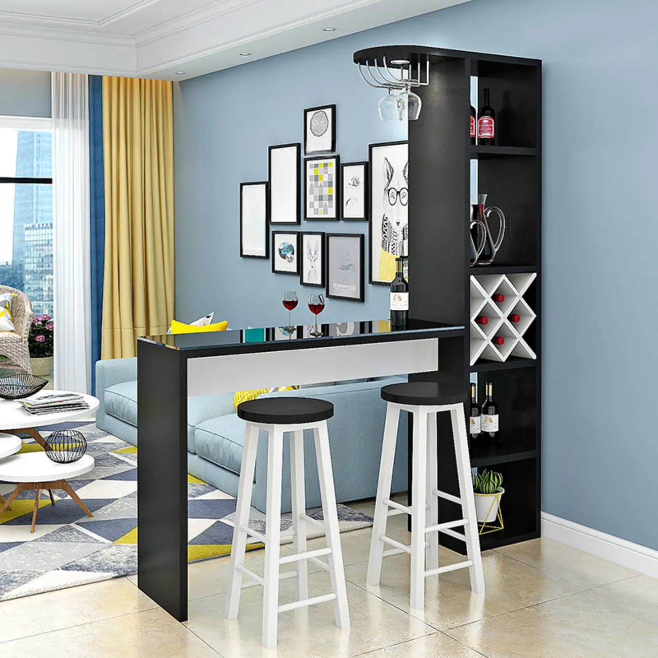 Smoke Tempered Glass Top Pub Table with Open Back Wine Shelf Image - 1 | homeyfad