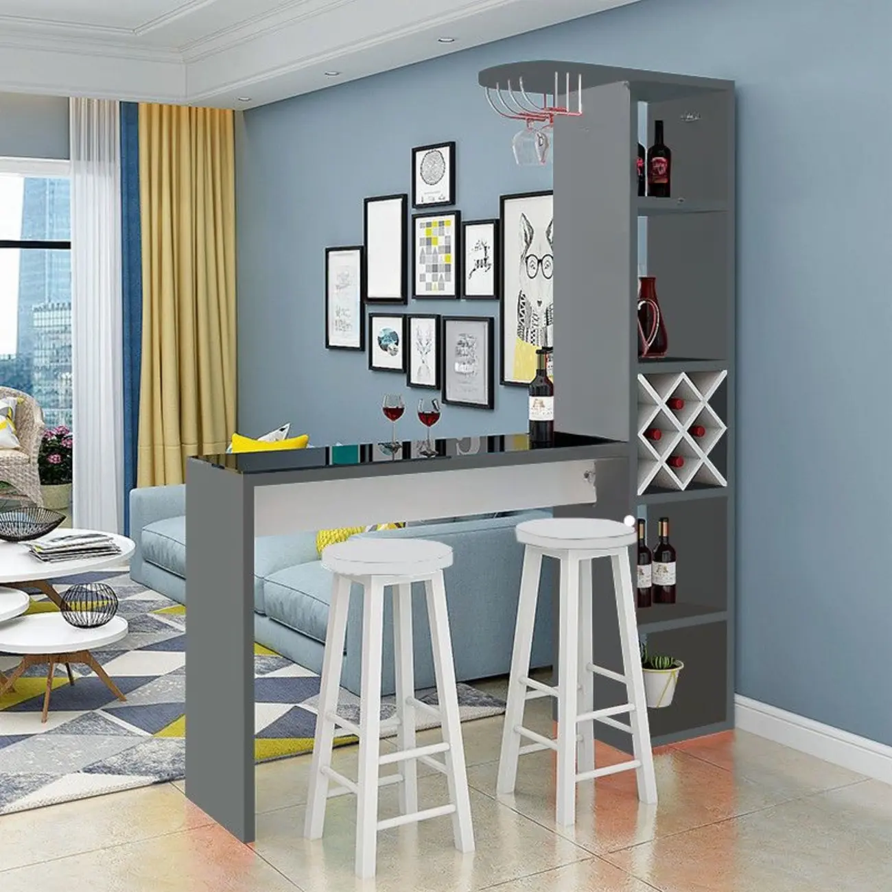 Smoke Tempered Glass Top Pub Table with Open Back Wine Shelf Image - 2 | homeyfad