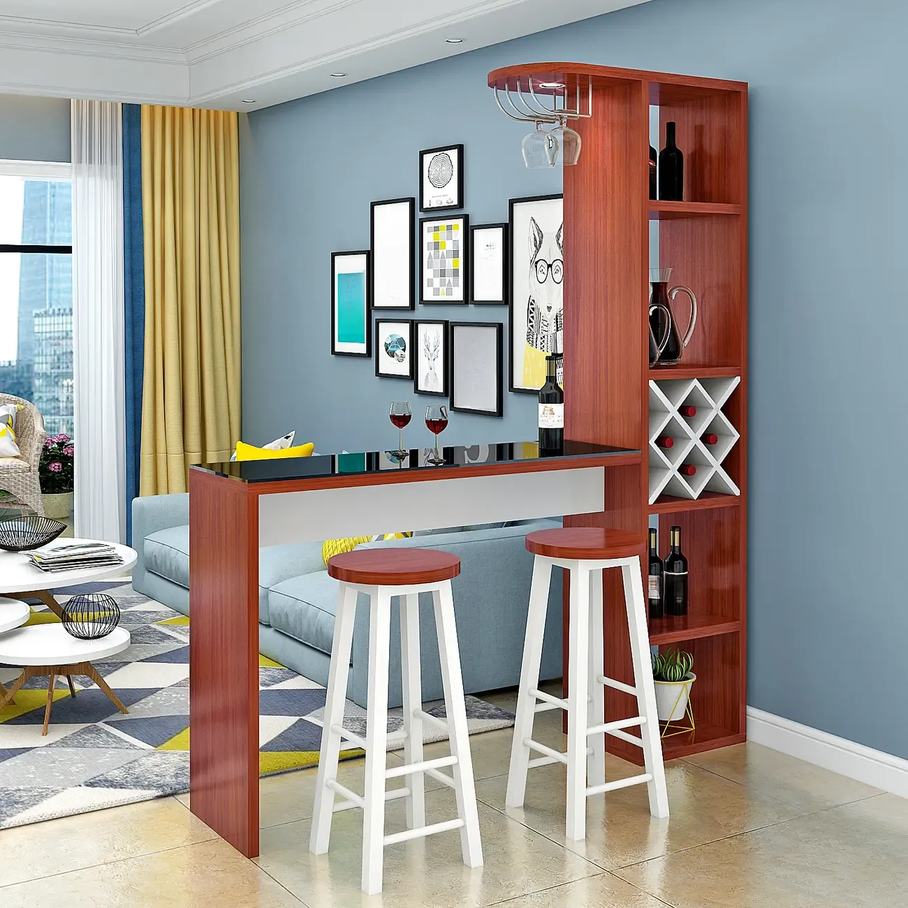 Smoke Tempered Glass Top Pub Table with Open Back Wine Shelf Image - 3