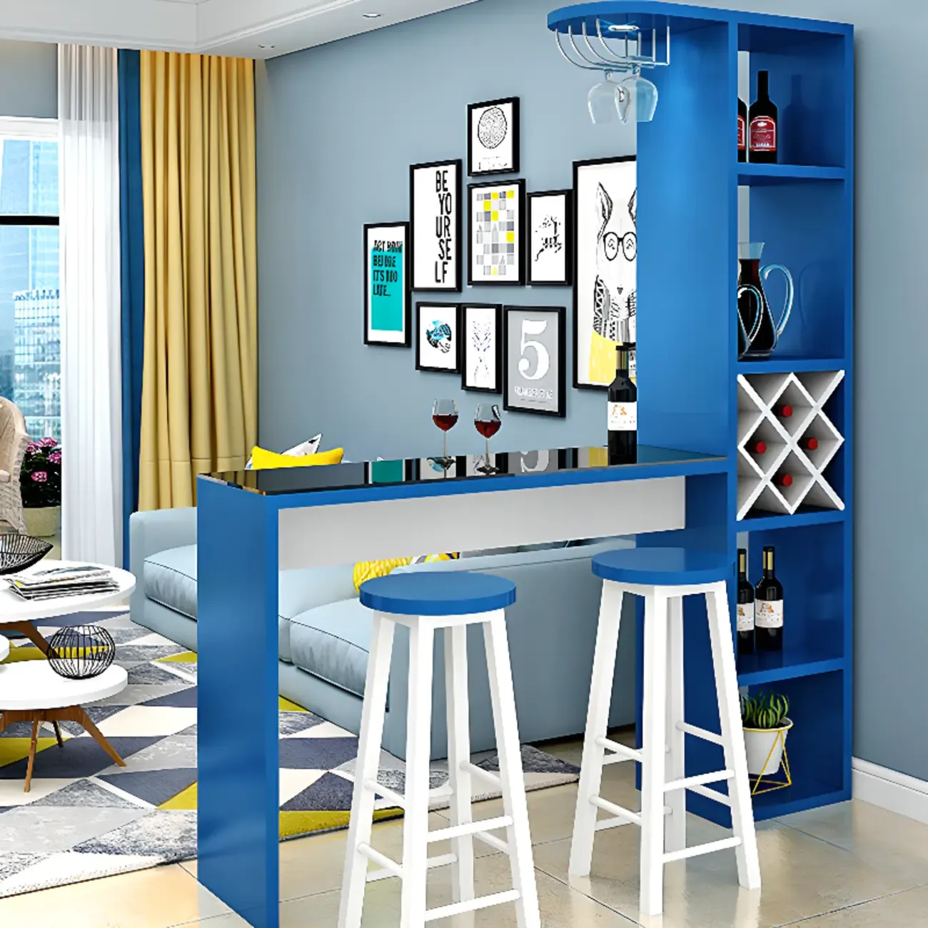 Smoke Tempered Glass Top Pub Table with Open Back Wine Shelf Image - 4