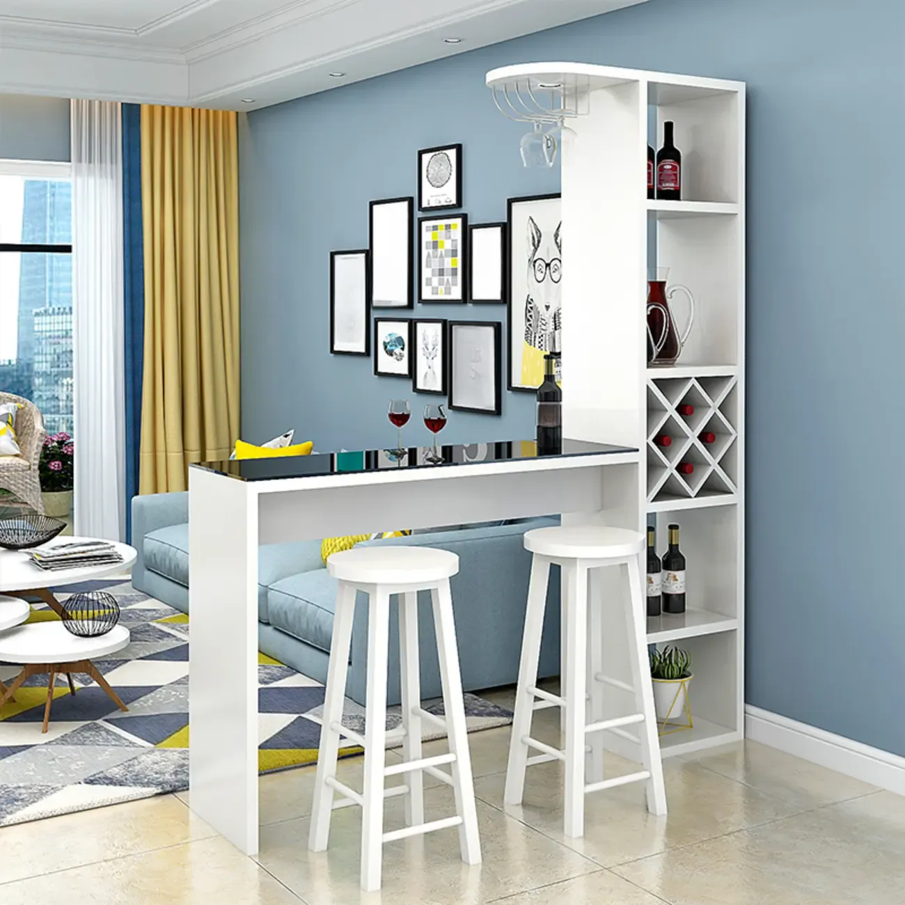 Smoke Tempered Glass Top Pub Table with Open Back Wine Shelf Image - 5