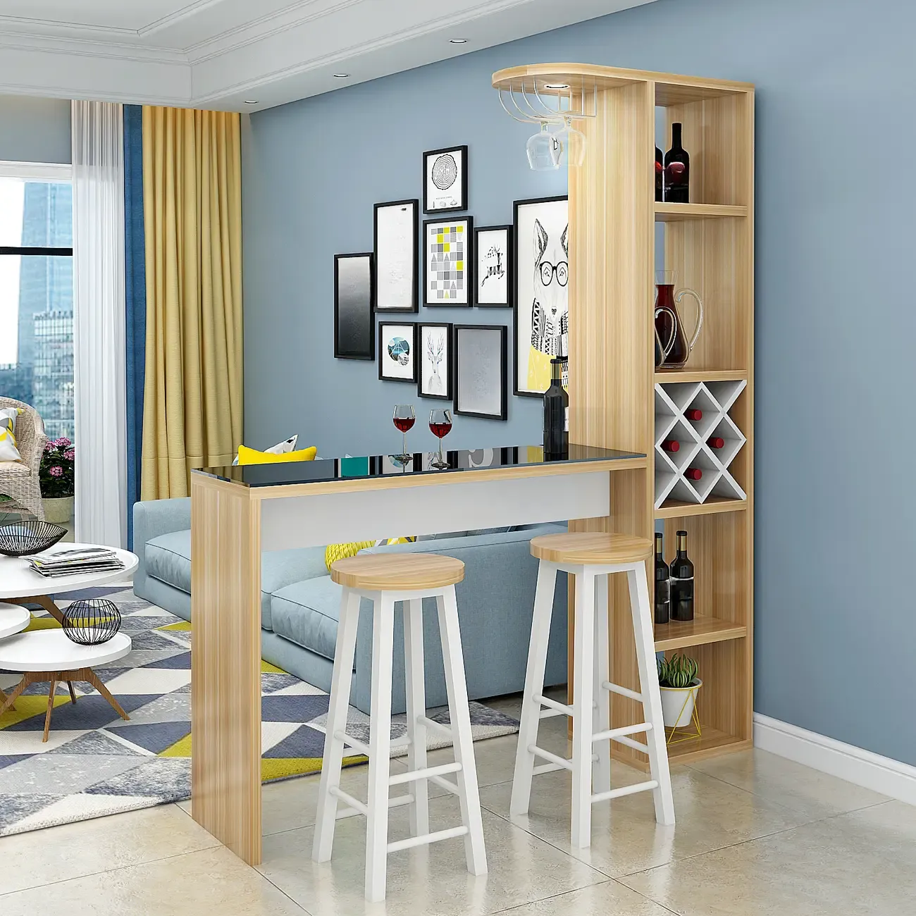 Smoke Tempered Glass Top Pub Table with Open Back Wine Shelf Image - 10