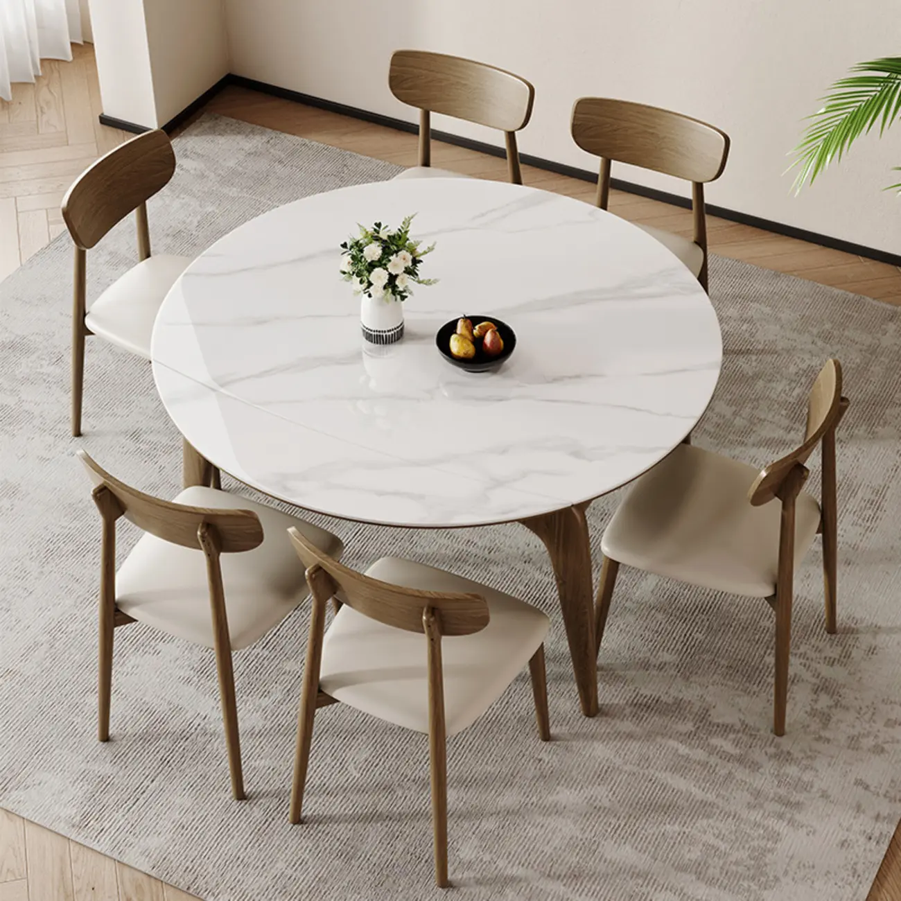 White Round Marble Ash Extendable Dining Table Image - 2 | homeyfad