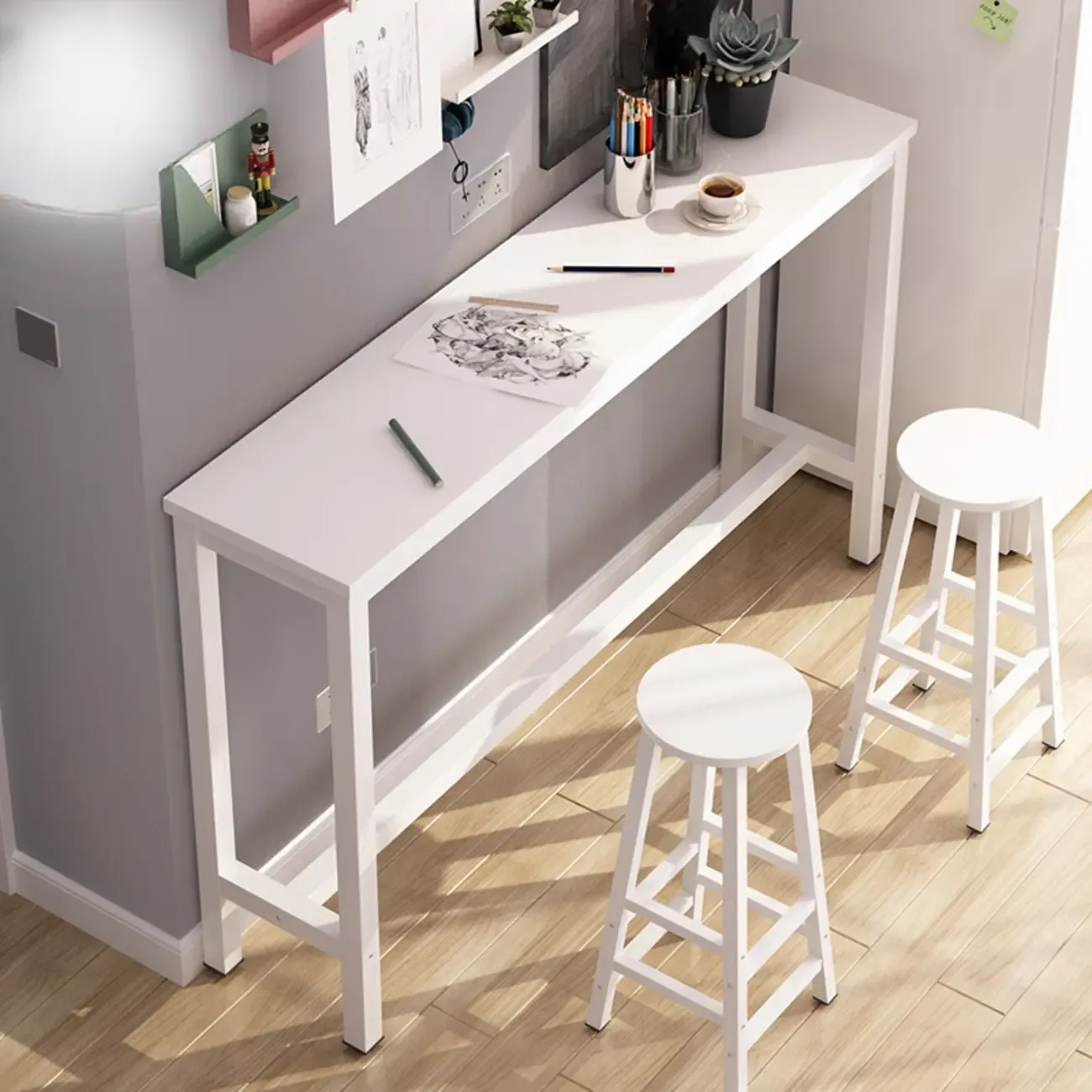Simple White Counter Height Bar Table with Footrest for Home Image - 1