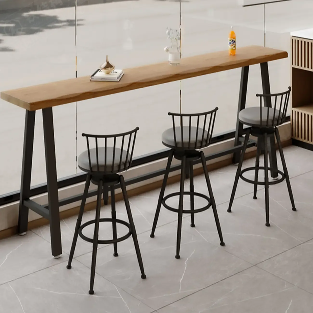 Simple Brown Pine Bar Tables with Footrest Image - 1