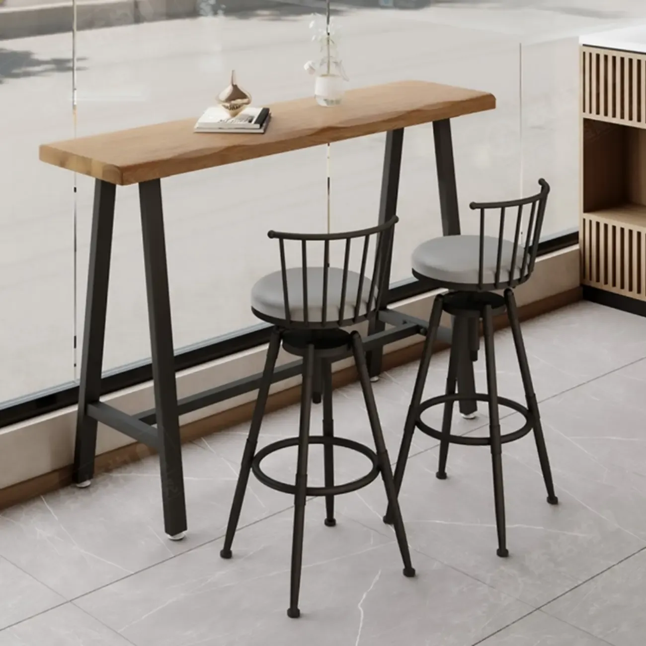 Simple Brown Pine Bar Tables with Footrest Image - 3
