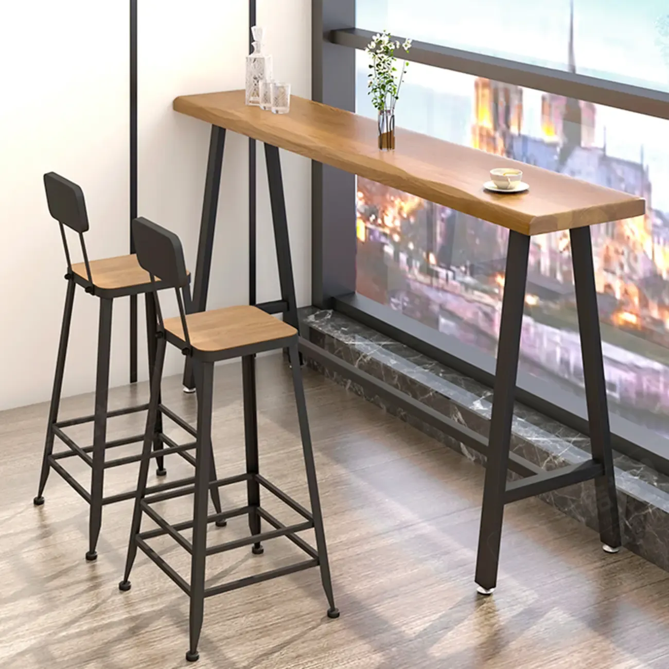 Simple Brown Pine Bar Tables with Footrest Image - 4