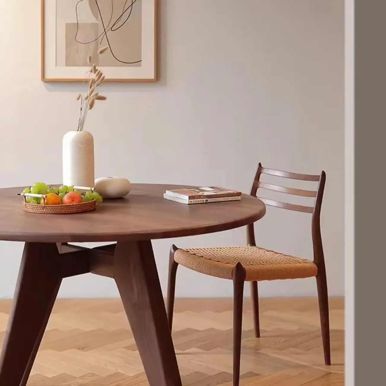 Scandinavian Brown Ash Wood Round Dining Table Image - 2