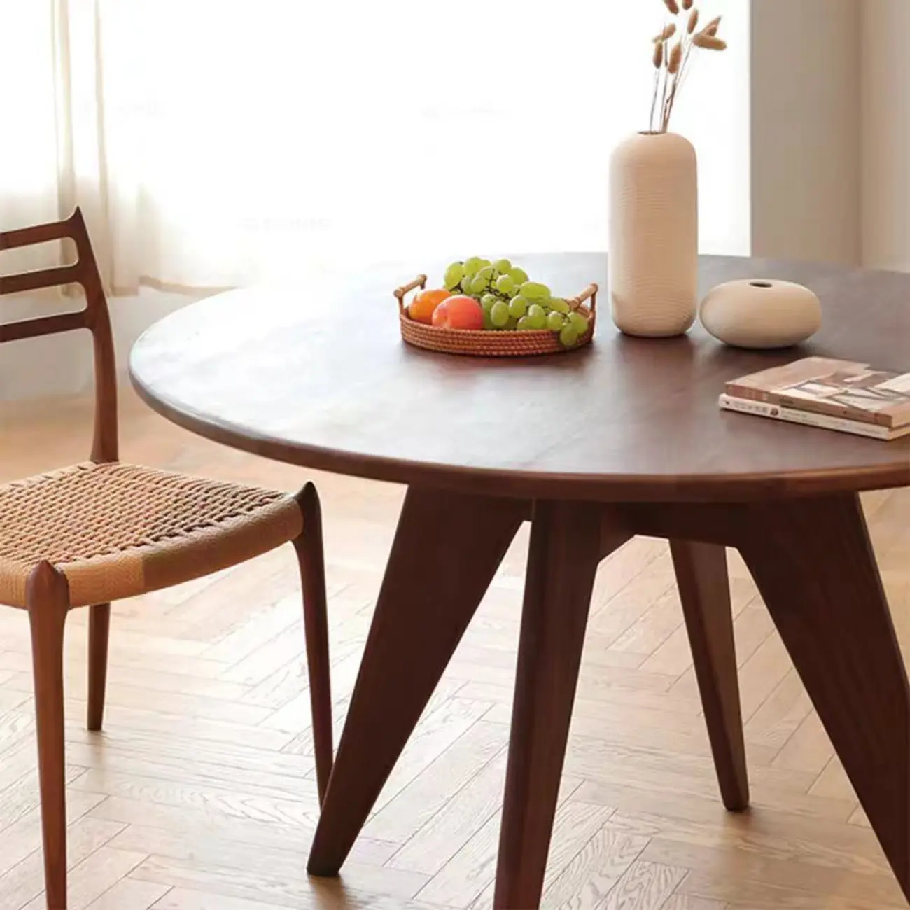 Scandinavian Brown Ash Wood Round Dining Table Image - 3 | homeyfad