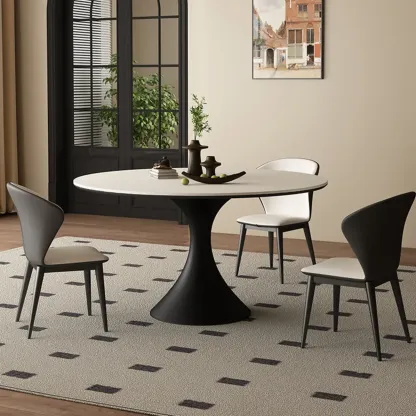 Modern Black Pedestal White Stone Top Round Dining Table Image - 1