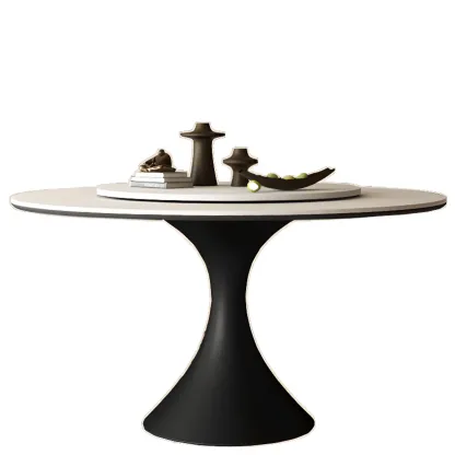 Modern Black Pedestal White Stone Top Round Dining Table Image - 2