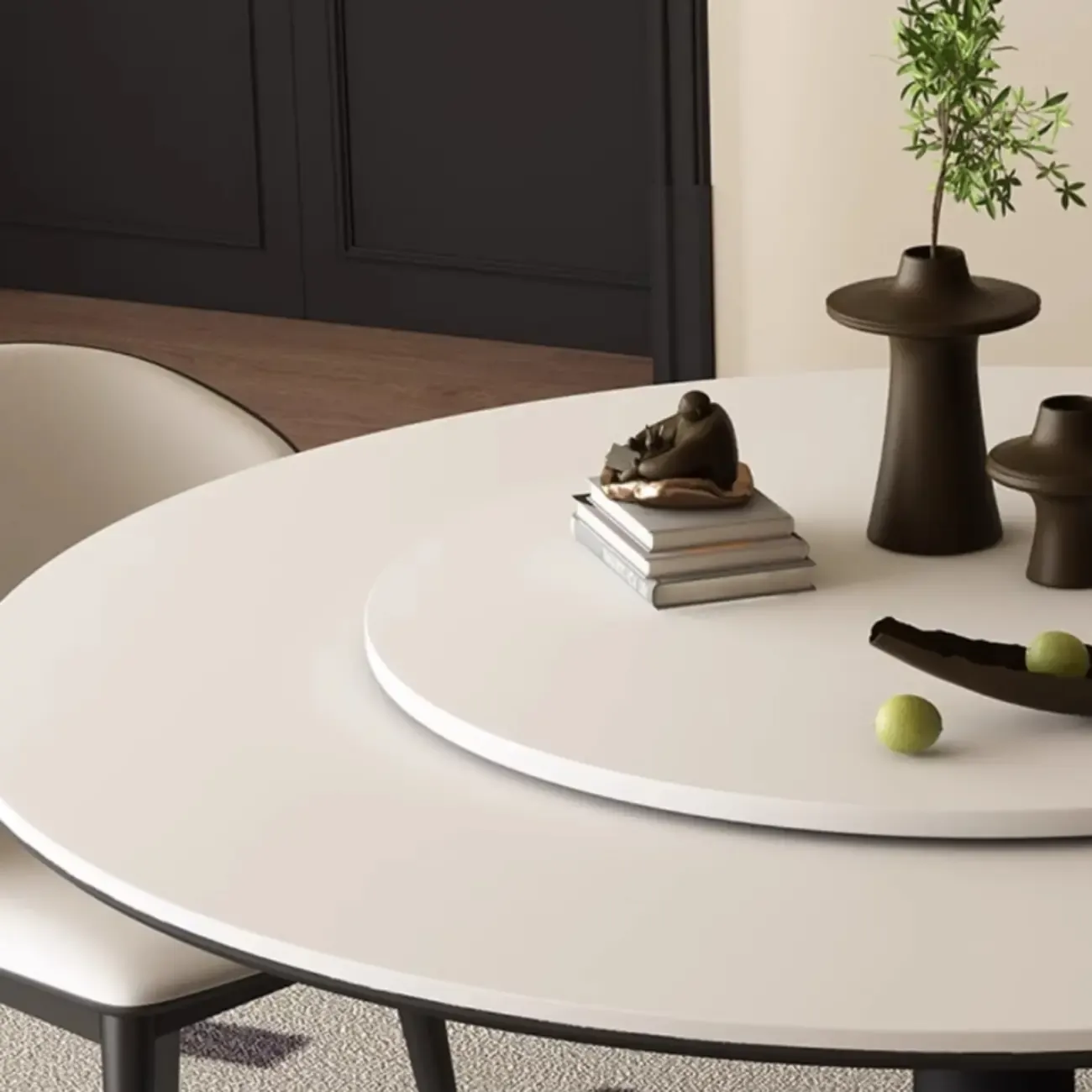 Modern Black Pedestal White Stone Top Round Dining Table Image - 3