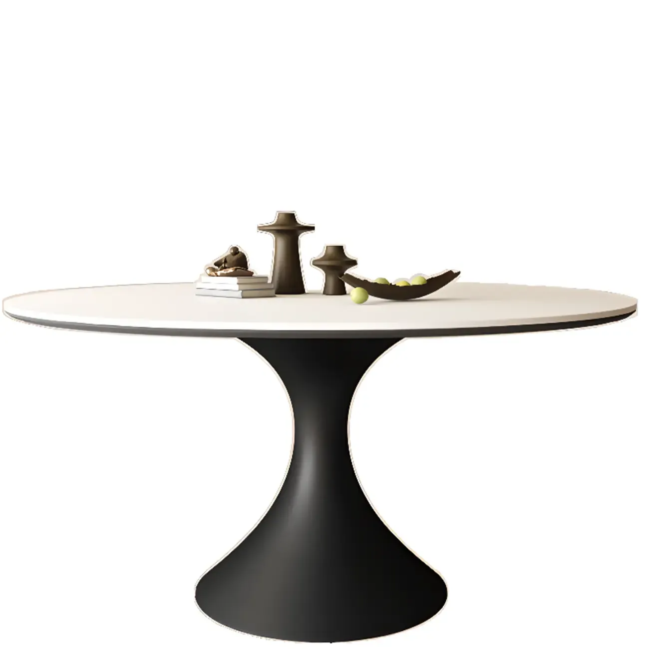 Modern Black Pedestal White Stone Top Round Dining Table Image - 4