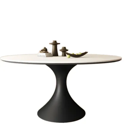 Modern Black Pedestal White Stone Top Round Dining Table Image - 4