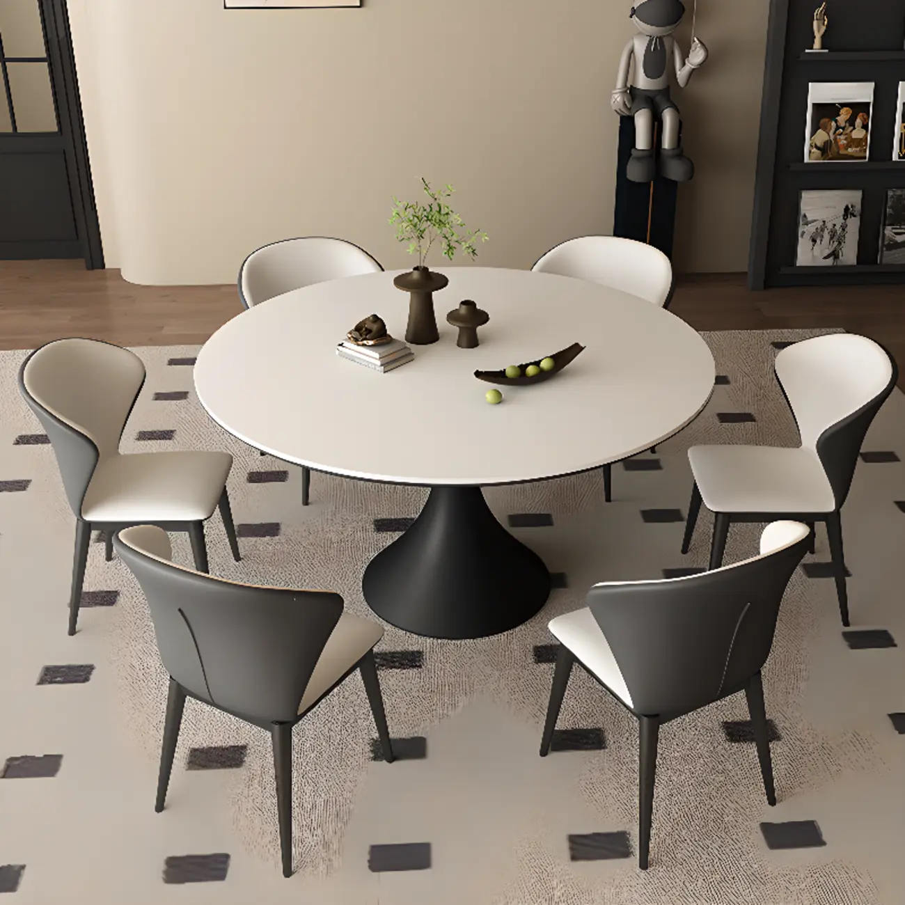 Modern Black Pedestal White Stone Top Round Dining Table Image - 5 | homeyfad