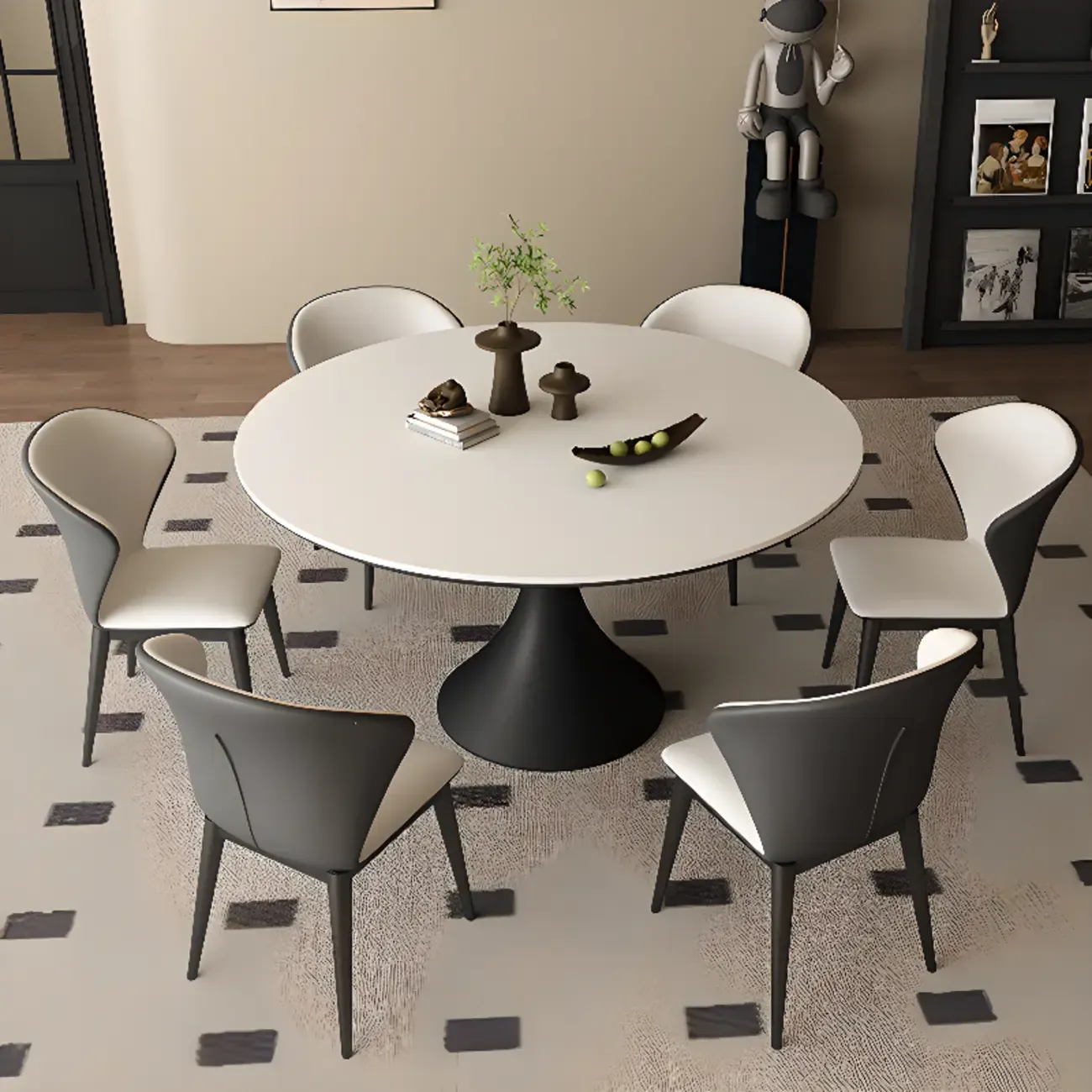 Modern Black Pedestal White Stone Top Round Dining Table Image - 5