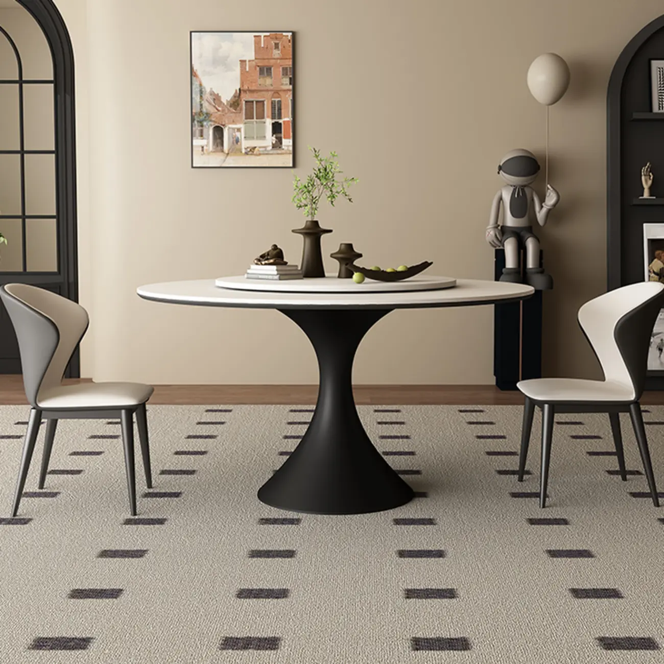 Modern Black Pedestal White Stone Top Round Dining Table Image - 6 | homeyfad