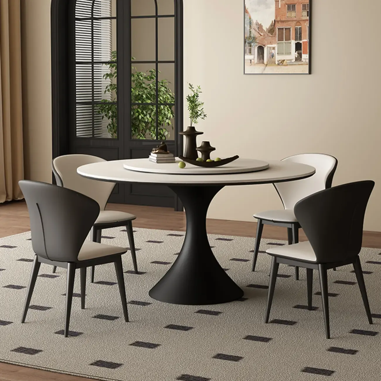 Modern Black Pedestal White Stone Top Round Dining Table Image - 7