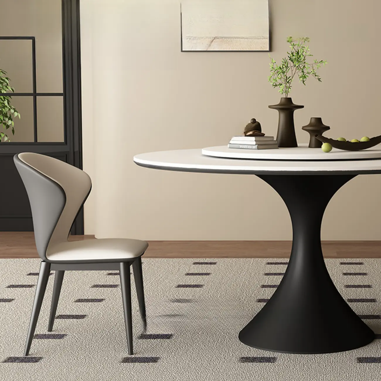 Modern Black Pedestal White Stone Top Round Dining Table Image - 8 | homeyfad