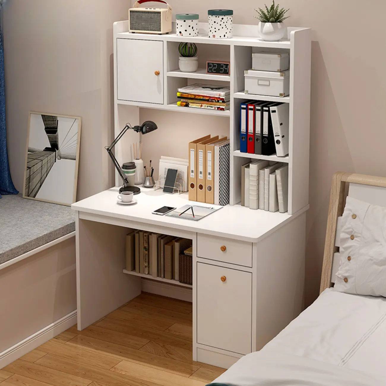 47"L Modern White Wooden Compact Storage Office Desk Image - 2 | homeyfad