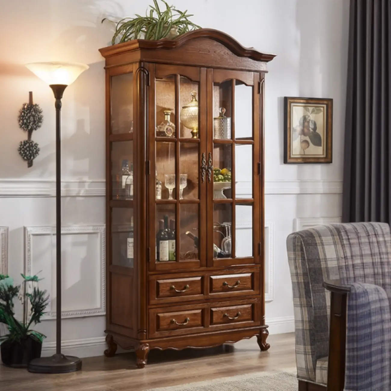 Antique Nut-Brown Wooden Glass Display Storage Cabinet Image - 1 | homeyfad