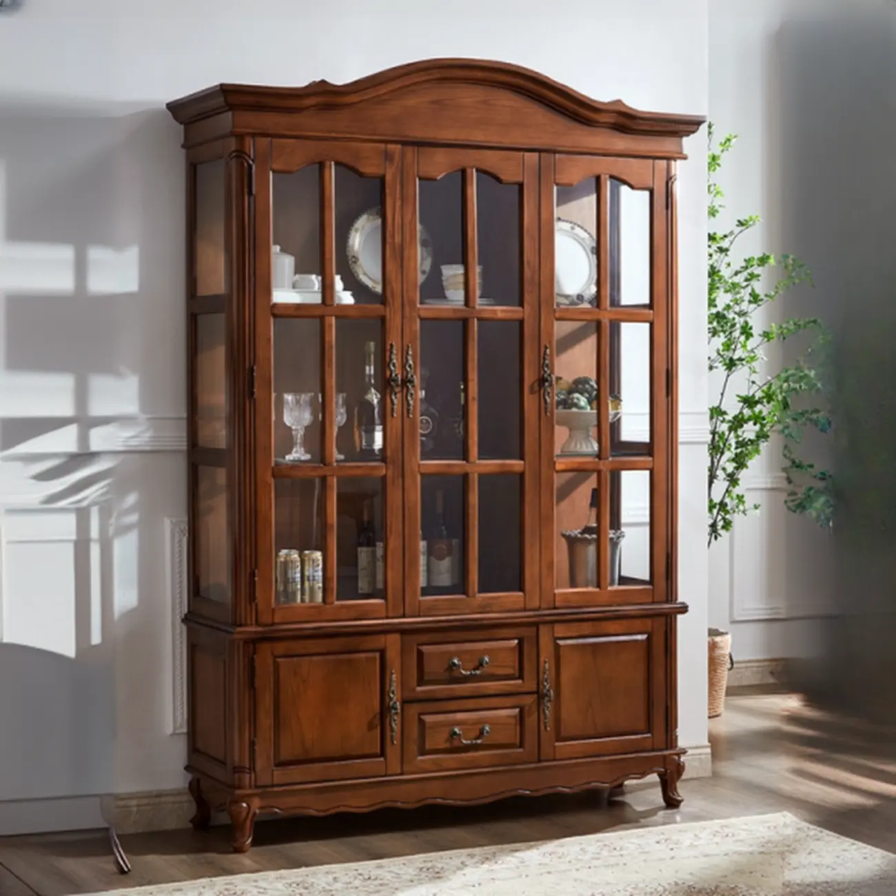 Antique Nut-Brown Wooden Glass Display Storage Cabinet Image - 5 | homeyfad