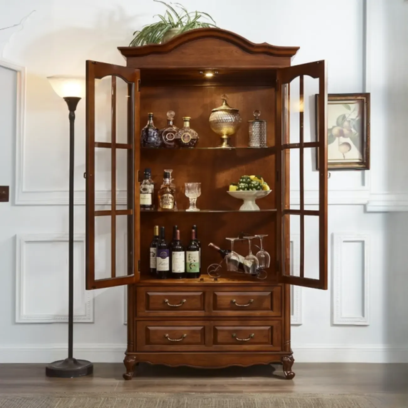 Antique Nut-Brown Wooden Glass Display Storage Cabinet Image - 2