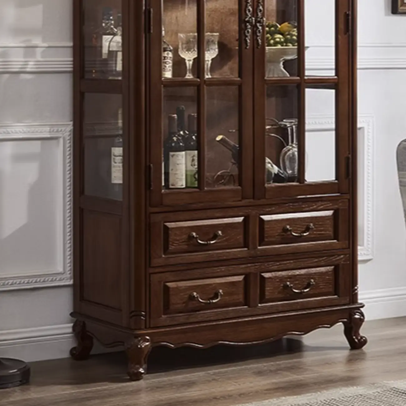 Antique Nut-Brown Wooden Glass Display Storage Cabinet Image - 12 | homeyfad