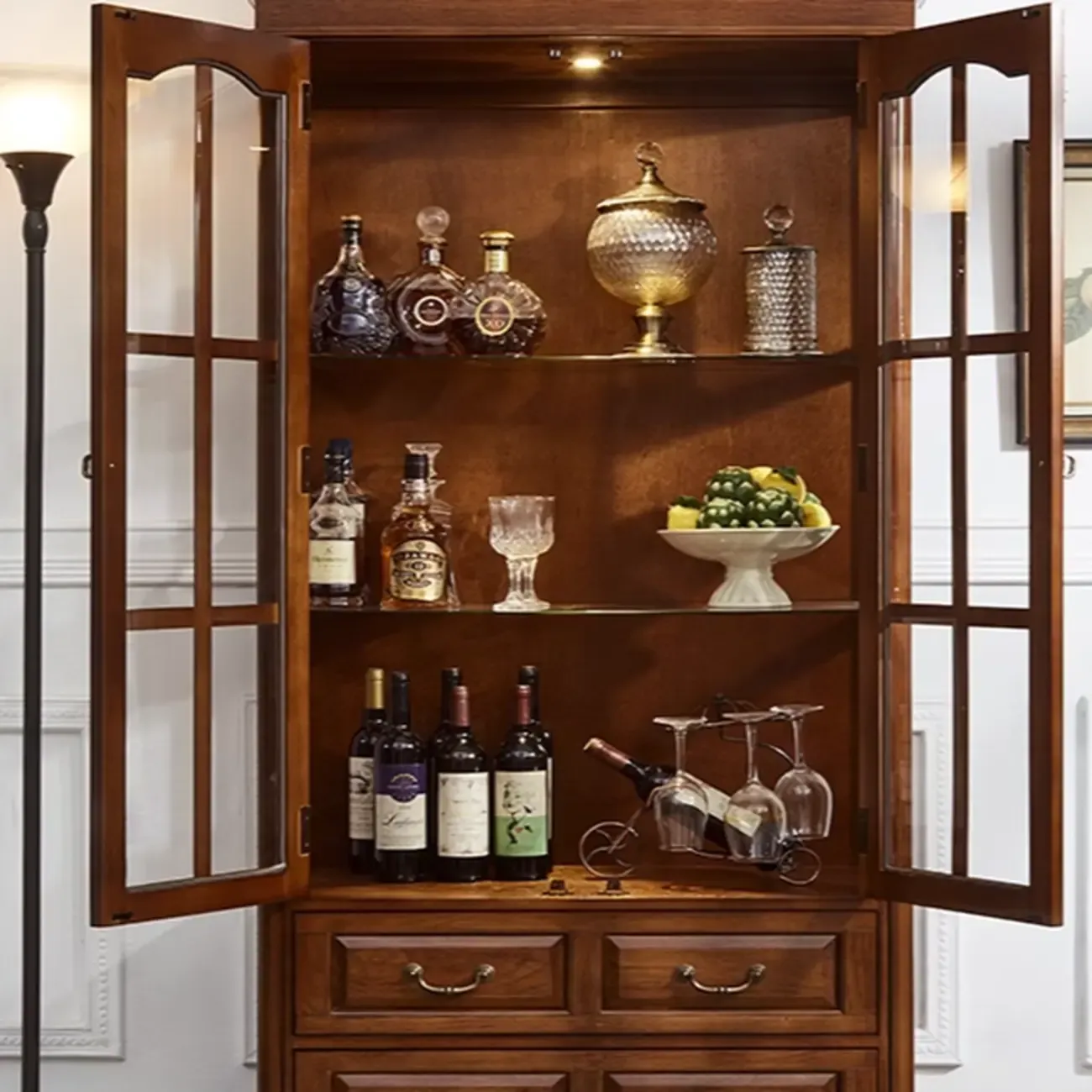 Antique Nut-Brown Wooden Glass Display Storage Cabinet Image - 13