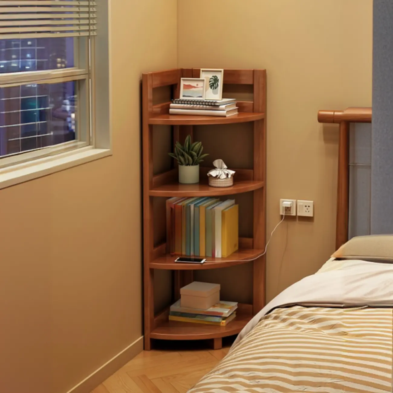 Narrow 4-Tier 	Nut-Brown Wood Corner Bookcase Image - 2 | homeyfad