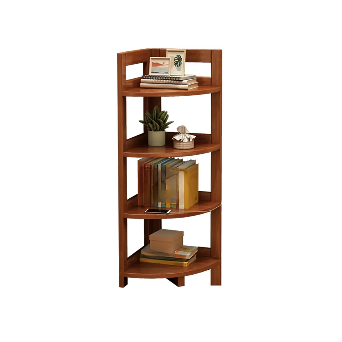 Narrow 4-Tier 	Nut-Brown Wood Corner Bookcase Image - 4 | homeyfad