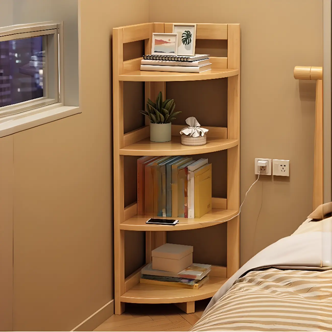 Narrow 4-Tier 	Nut-Brown Wood Corner Bookcase Image - 3 | homeyfad