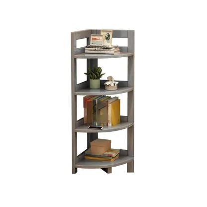 Narrow 4-Tier 	Nut-Brown Wood Corner Bookcase Image - 6