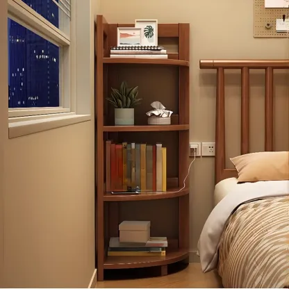 Narrow 4-Tier 	Nut-Brown Wood Corner Bookcase Image - 1