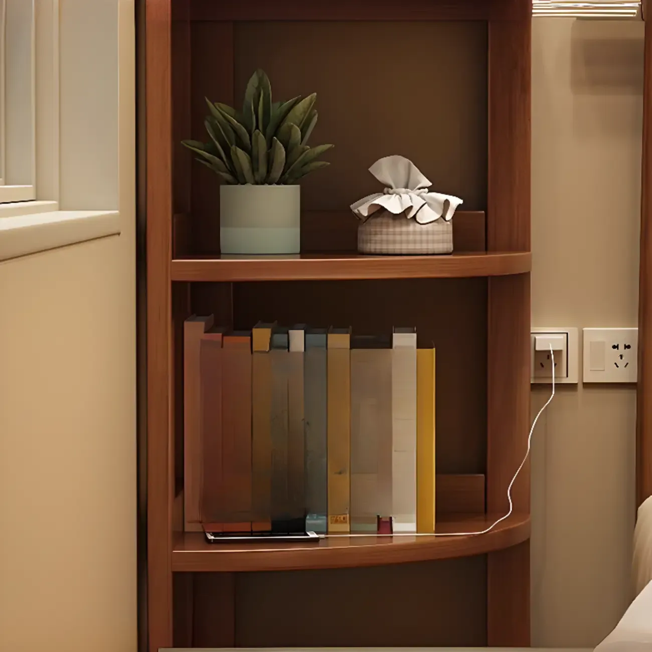 Narrow 4-Tier 	Nut-Brown Wood Corner Bookcase Image - 10