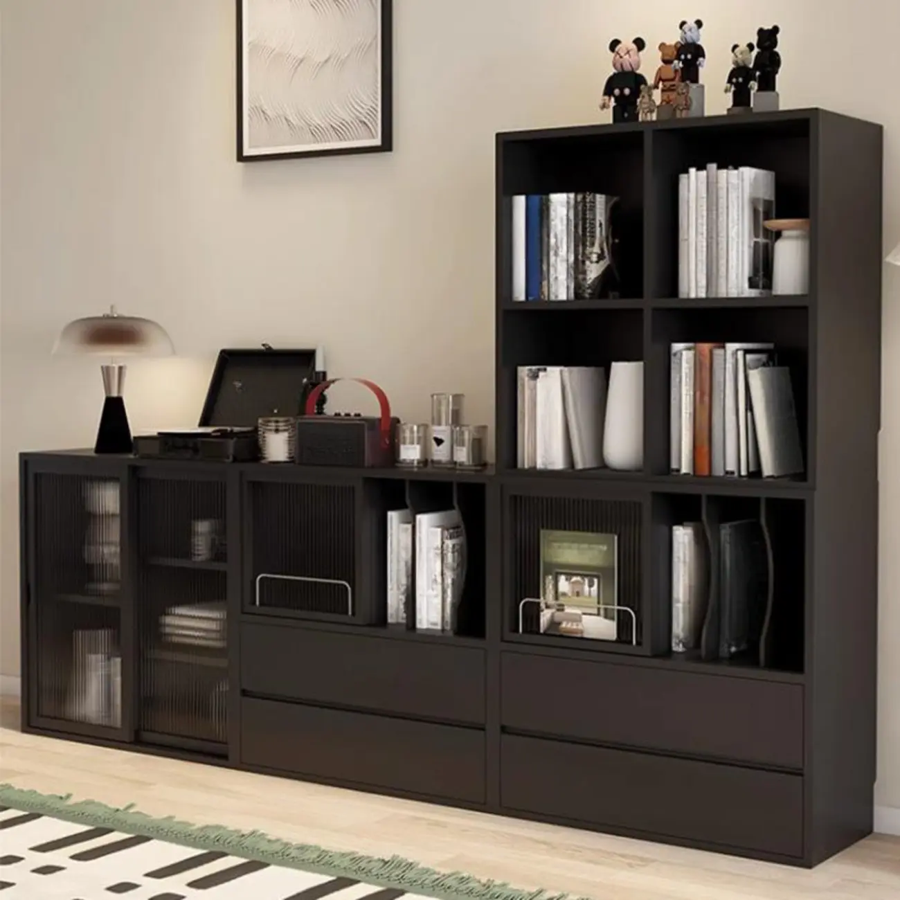 Black Short Cube Wood Bookshelf with Drawers Cabinet Image - 1 | homeyfad