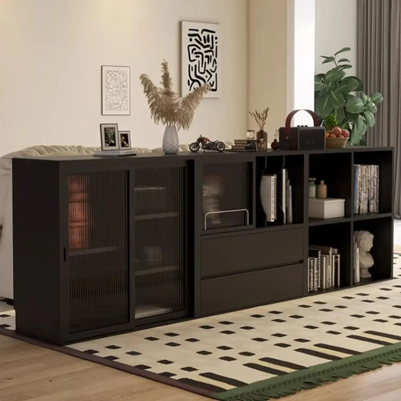Black Short Cube Wood Bookshelf with Drawers Cabinet Image - 3