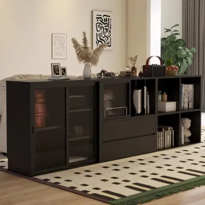 Black Short Cube Wood Bookshelf with Drawers Cabinet Image - 3