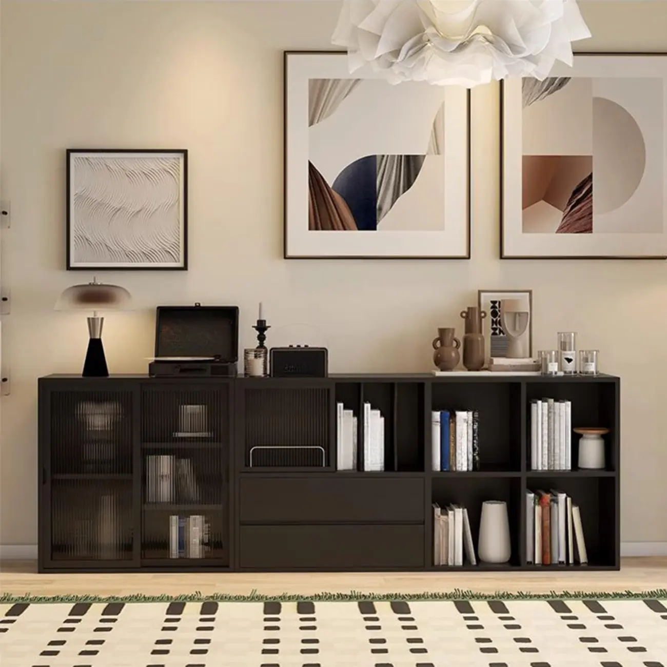 Black Short Cube Wood Bookshelf with Drawers Cabinet Image - 2 | homeyfad