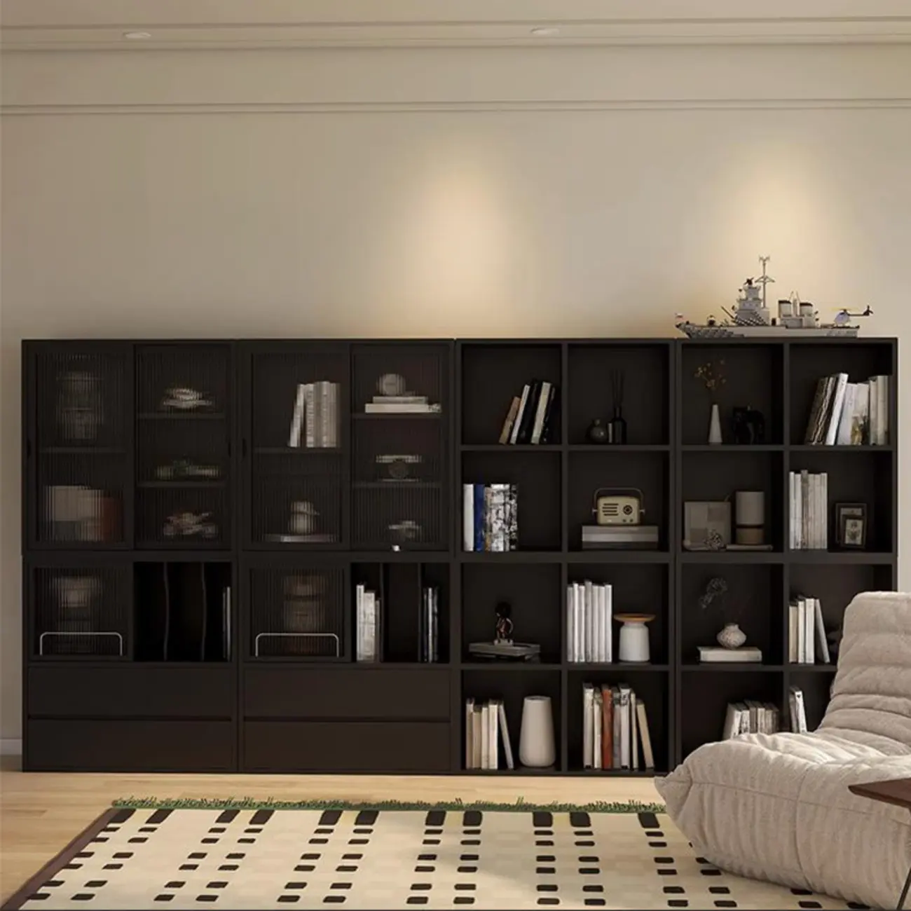 Black Short Cube Wood Bookshelf with Drawers Cabinet Image - 4 | homeyfad