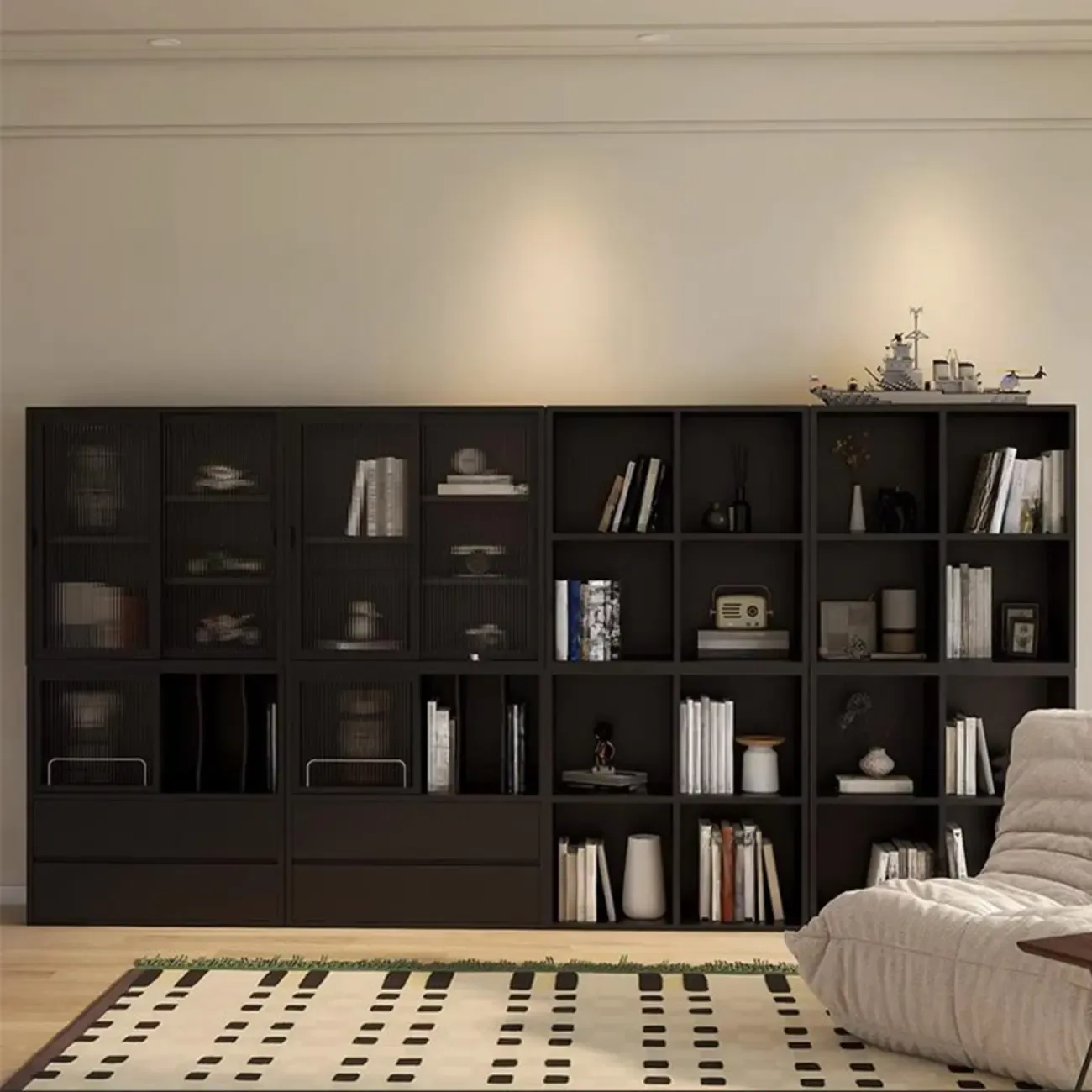Black Short Cube Wood Bookshelf with Drawers Cabinet Image - 4